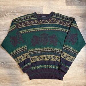 Vintage Barnaby Mens XL Crewneck Sweater Green Heraldic Lion Fair Isle Knit 90s